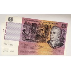 AUSTRALIA 1967 . FIVE 5 DOLLAR BANKNOTE . COOMBS/WILSON . CONSECUTIVE PAIR . LAST PREFIX NCS